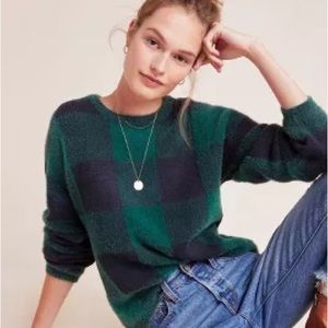 Anthropologie, Fred & Sibel, Navy & Green plaid eyelash sweater, size S
